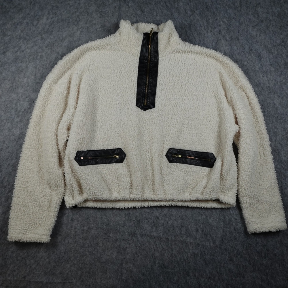 LNA Sweater Women Medium Cream Sherpa Faux Leather‎ Trim Half Zip Pullover Mock